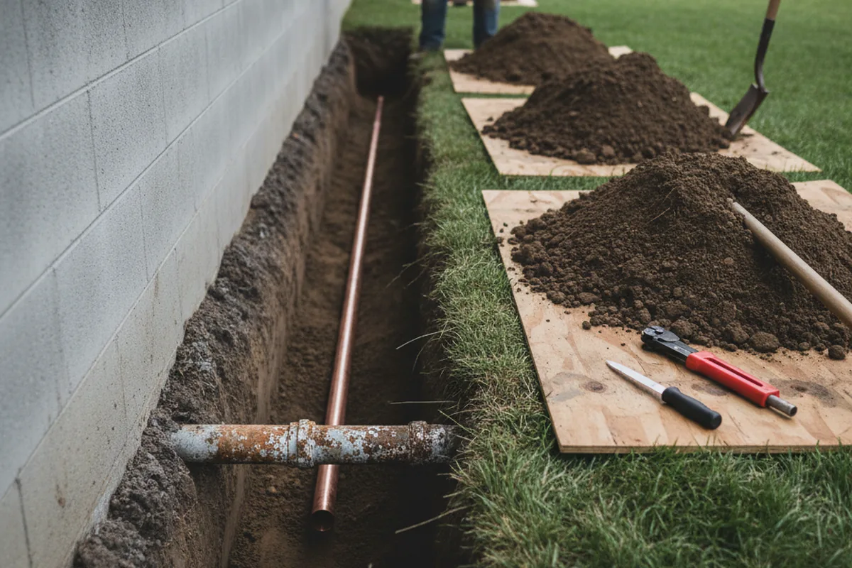 Excavated water line trench during Sewer Line Repair in La Fayette